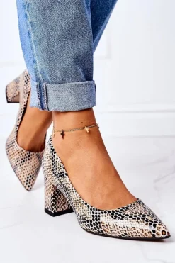 Skórzane Czółenka Ze Zwierzęcym Wzorem Lewski Shoes 2801 Czarno-Beżowe