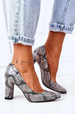 Skórzane Czółenka Ze Zwierzęcym Wzorem Lewski Shoes 2453 Czarno-Niebieskie