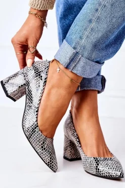 Skórzane Czółenka Ze Zwierzęcym Wzorem Lewski Shoes 2801 Czarno-Niebieskie