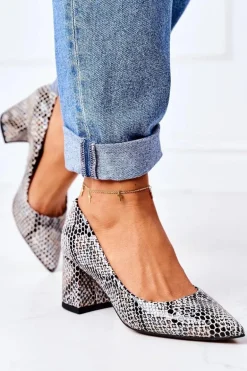 Skórzane Czółenka Ze Zwierzęcym Wzorem Lewski Shoes 2801 Czarno-Niebieskie