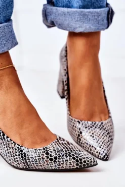 Skórzane Czółenka Ze Zwierzęcym Wzorem Lewski Shoes 2801 Czarno-Niebieskie