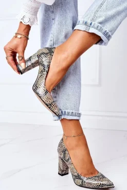 Skórzane Czółenka Ze Zwierzęcym Wzorem Lewski Shoes 2453 Czarno-Beżowe