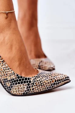 Skórzane Czółenka Ze Zwierzęcym Wzorem Lewski Shoes 2453 Czarno-Beżowe