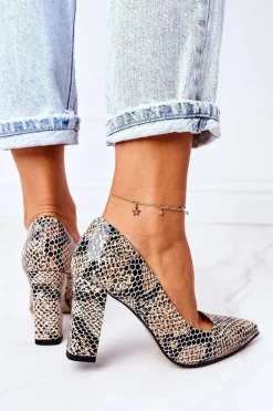 Skórzane Czółenka Ze Zwierzęcym Wzorem Lewski Shoes 2453 Czarno-Beżowe