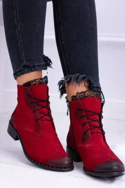 Skórzane Czerwone Damskie Botki Z Koronką Millano