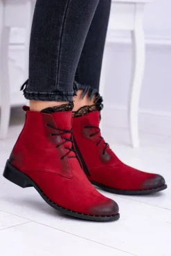 Skórzane Czerwone Damskie Botki Z Koronką Millano