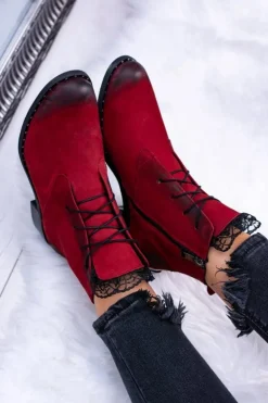 Skórzane Czerwone Damskie Botki Z Koronką Millano