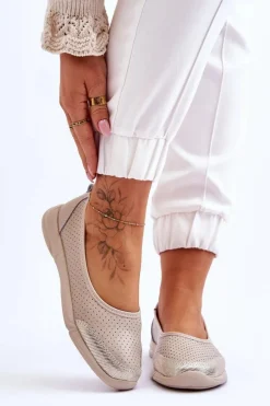 Skórzane Damskie Ażurowe Baleriny Beżowe Lucy