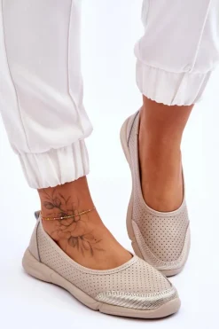 Skórzane Damskie Ażurowe Baleriny Beżowe Lucy