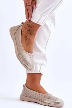 Skórzane Damskie Ażurowe Baleriny Beżowe Lucy