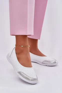 Skórzane Damskie Ażurowe Baleriny Białe Lucy