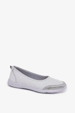 Skórzane Damskie Ażurowe Baleriny Białe Lucy