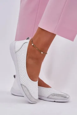 Skórzane Damskie Ażurowe Baleriny Białe Lucy