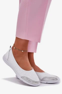 Skórzane Damskie Ażurowe Baleriny Białe Lucy