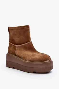 Skórzane Damskie Botki Na Masywnej Podeszwie Camel Zazoo 3424