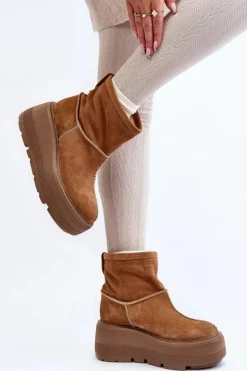 Skórzane Damskie Botki Na Masywnej Podeszwie Camel Zazoo 3424