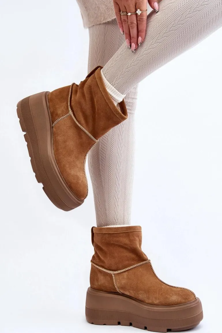 Skórzane Damskie Botki Na Masywnej Podeszwie Camel Zazoo 3424