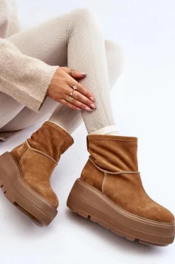 Skórzane Damskie Botki Na Masywnej Podeszwie Camel Zazoo 3424