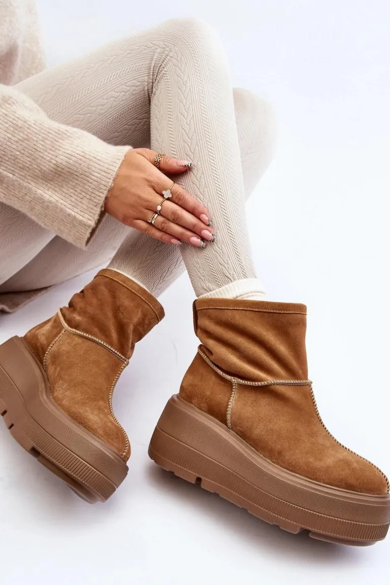 Skórzane Damskie Botki Na Masywnej Podeszwie Camel Zazoo 3424