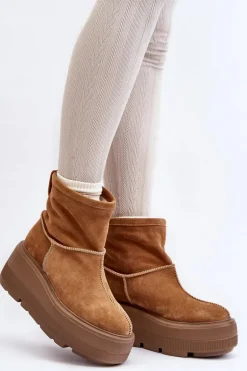 Skórzane Damskie Botki Na Masywnej Podeszwie Camel Zazoo 3424