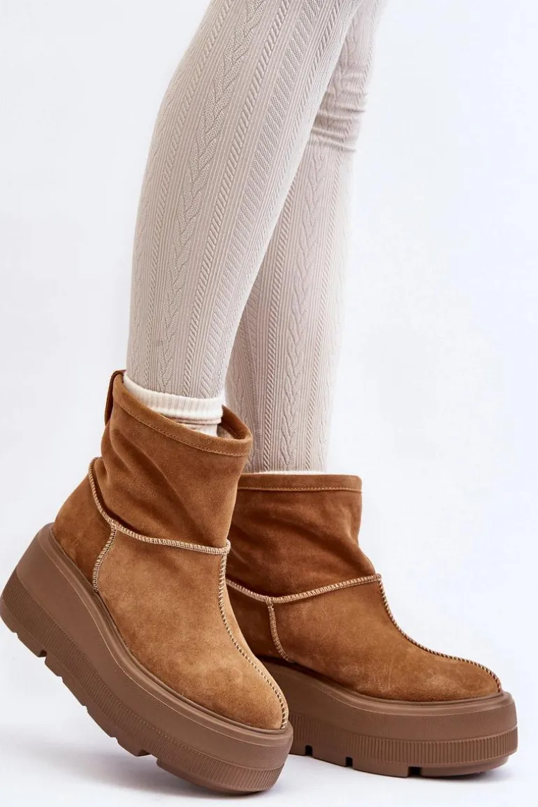Skórzane Damskie Botki Na Masywnej Podeszwie Camel Zazoo 3424