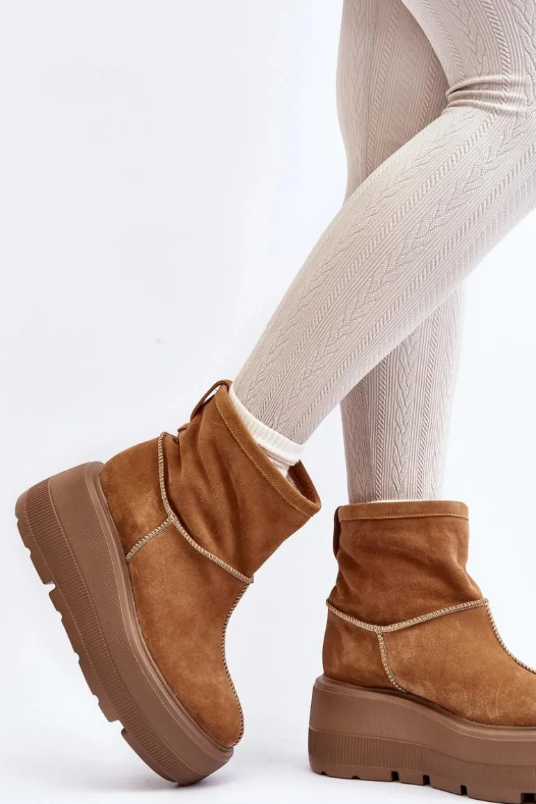 Skórzane Damskie Botki Na Masywnej Podeszwie Camel Zazoo 3424