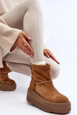 Skórzane Damskie Botki Na Masywnej Podeszwie Camel Zazoo 3424