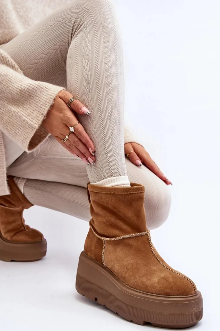 Skórzane Damskie Botki Na Masywnej Podeszwie Camel Zazoo 3424