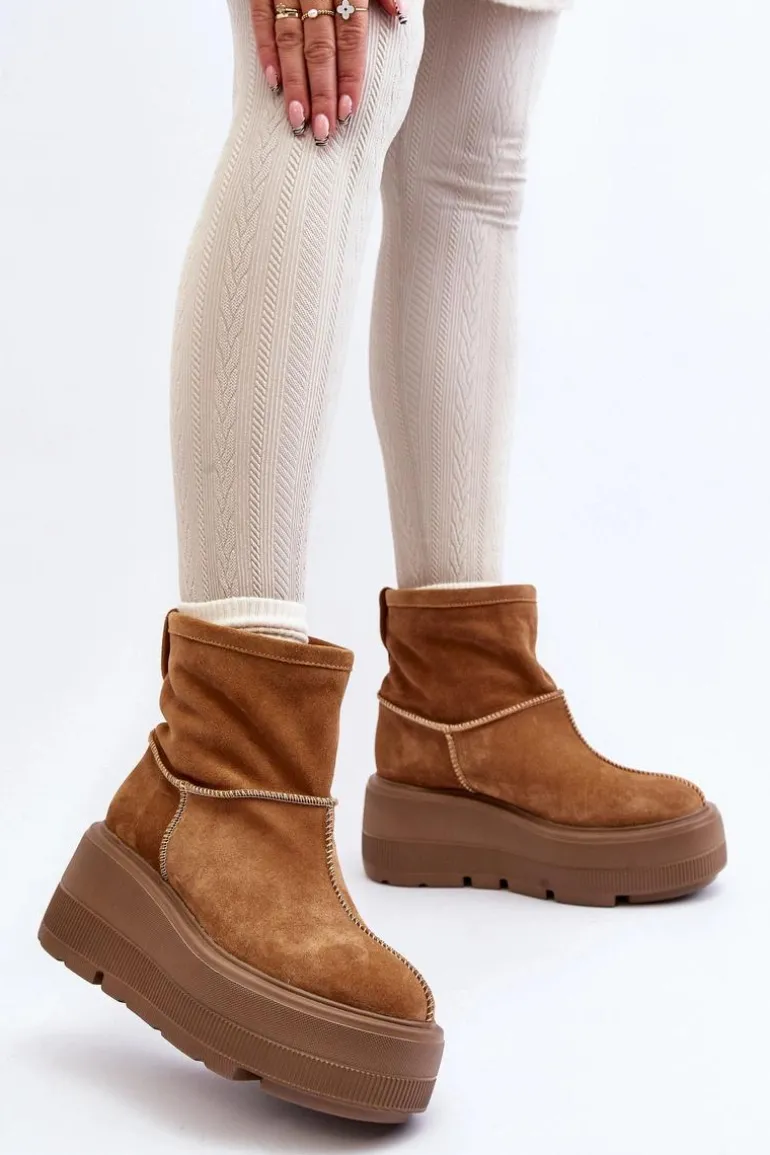 Skórzane Damskie Botki Na Masywnej Podeszwie Camel Zazoo 3424