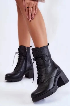 Skórzane Damskie Botki Na Obcasie Czarne Lemar Rea