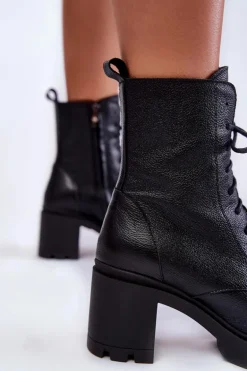 Skórzane Damskie Botki Na Obcasie Czarne Lemar Rea