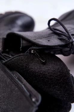 Skórzane Damskie Botki Na Obcasie Czarne Lemar Rea