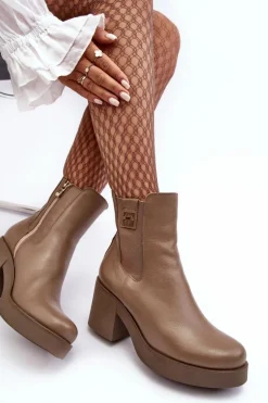 Skórzane Damskie Botki Na Obcasie Lemar Brązowe Kodra