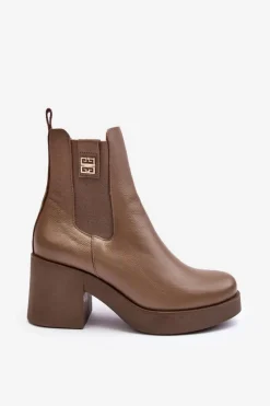 Skórzane Damskie Botki Na Obcasie Lemar Brązowe Kodra