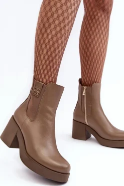 Skórzane Damskie Botki Na Obcasie Lemar Brązowe Kodra
