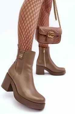 Skórzane Damskie Botki Na Obcasie Lemar Brązowe Kodra