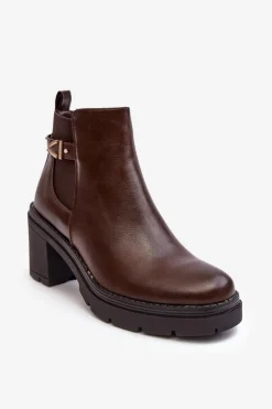 Skórzane Damskie Botki Na Masywnym Słupku Brązowe Belinda