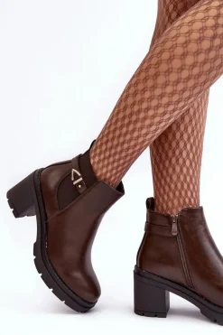 Skórzane Damskie Botki Na Masywnym Słupku Brązowe Belinda