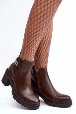 Skórzane Damskie Botki Na Masywnym Słupku Brązowe Belinda