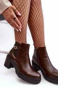 Skórzane Damskie Botki Na Masywnym Słupku Brązowe Belinda