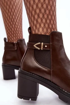 Skórzane Damskie Botki Na Masywnym Słupku Brązowe Belinda