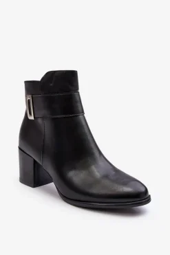 Skórzane Damskie Botki Na Słupku Czarne Starines