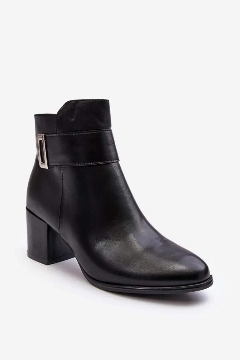 Skórzane Damskie Botki Na Słupku Czarne Starines