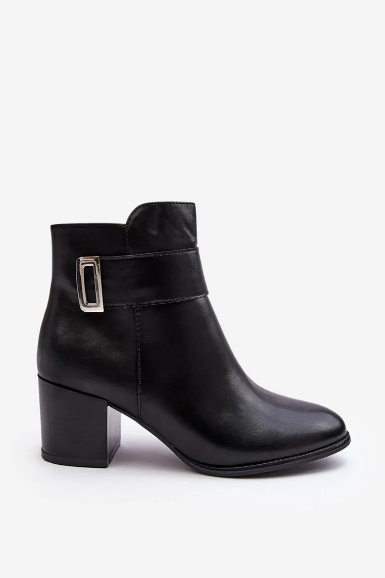 Skórzane Damskie Botki Na Słupku Czarne Starines