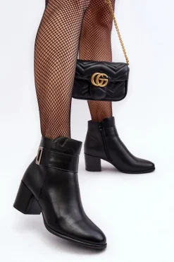 Skórzane Damskie Botki Na Słupku Czarne Starines