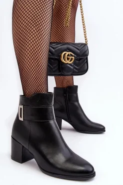 Skórzane Damskie Botki Na Słupku Czarne Starines