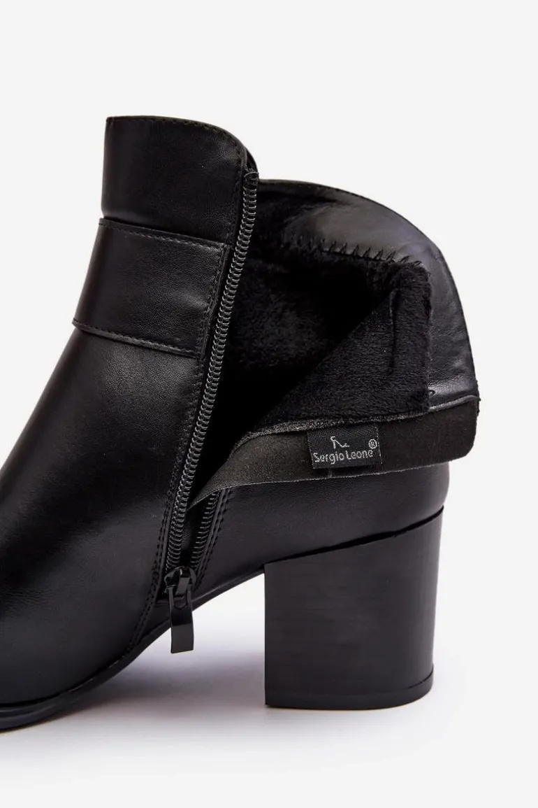 Skórzane Damskie Botki Na Słupku Czarne Starines