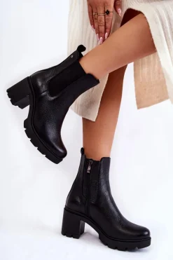 Skórzane Damskie Botki Na Platformie Czarne Martine