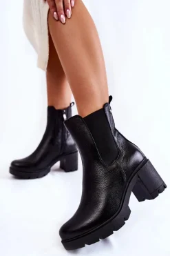 Skórzane Damskie Botki Na Platformie Czarne Martine