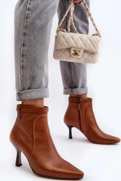 Skórzane Damskie Botki Na Szpilce Maciejka 06301-29 Brązowe